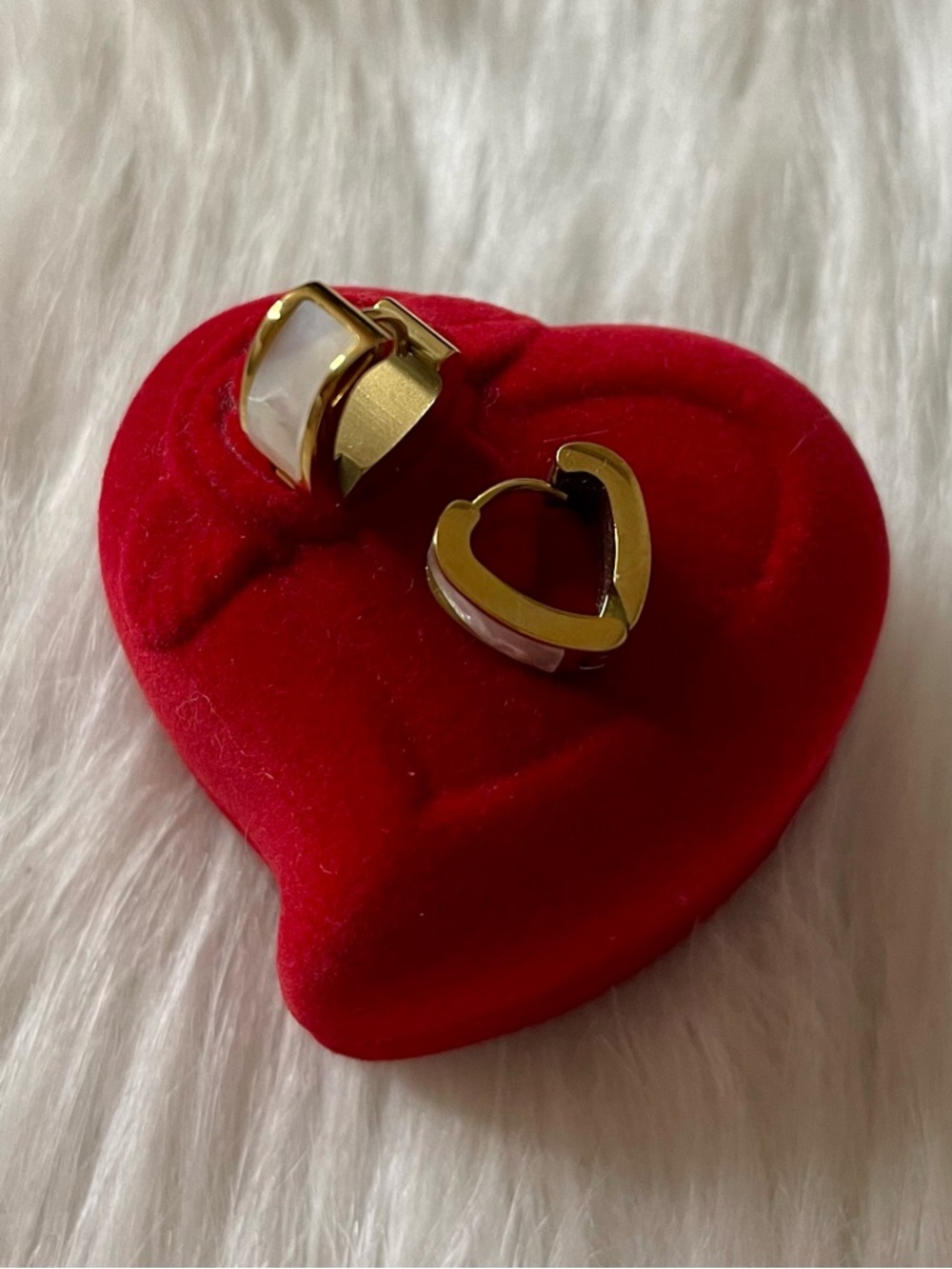 18k Gold Plated Heart Hoop Earrings with White Inlay